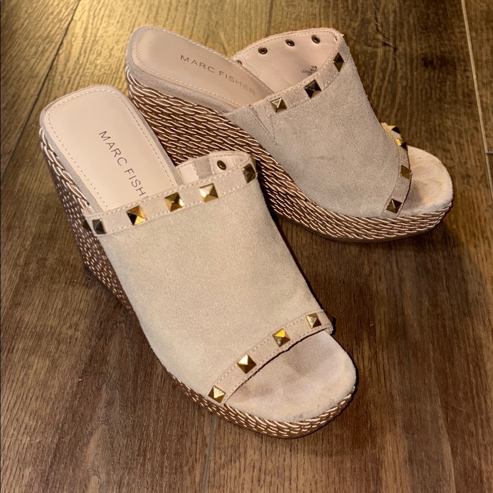Marc Fisher Beige Wedge Sandals with Gold Studs